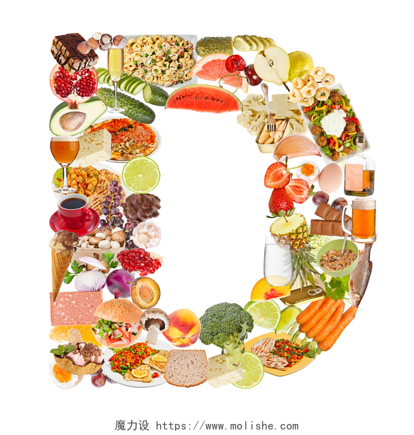 白色背景下由食物组成的卡通字母D字母 d 做的食物